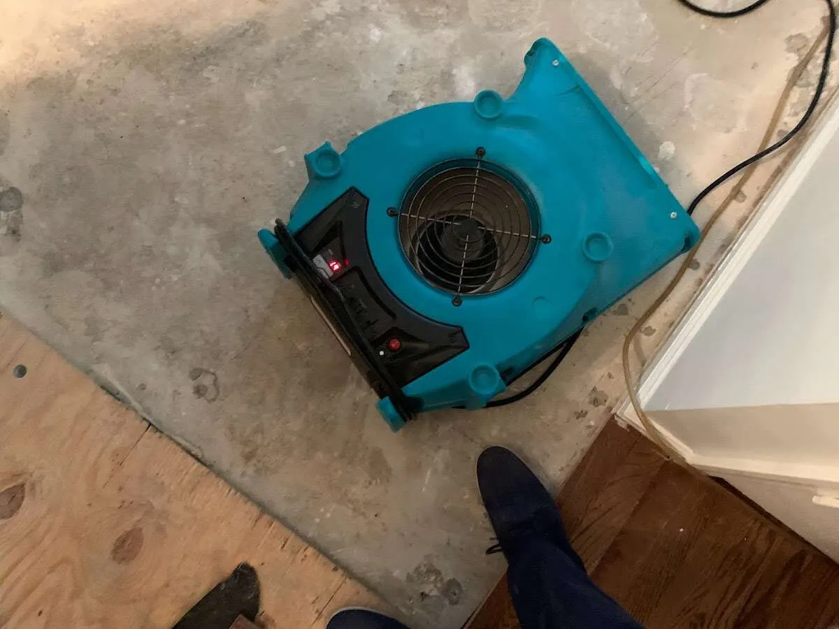 Air mover drying subfloor during Leak Detection & Repair in Warrenton